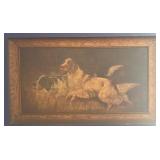 Framed Vintage Oil Painting of Two Dogs 36x21 Inches