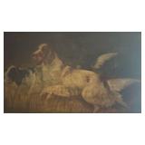 Framed Vintage Oil Painting of Two Dogs 36x21 Inches