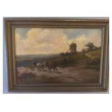 Vintage Framed Landscape Oil Painting with Windmill and Horse Cart 22 x 16