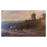 Vintage Framed Landscape Oil Painting with Windmill and Horse Cart 22 x 16