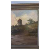 Vintage Framed Landscape Oil Painting with Windmill and Horse Cart 22 x 16