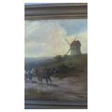 Vintage Framed Landscape Oil Painting with Windmill and Horse Cart 22 x 16