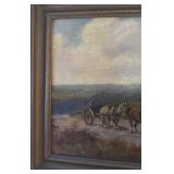 Vintage Framed Landscape Oil Painting with Windmill and Horse Cart 22 x 16
