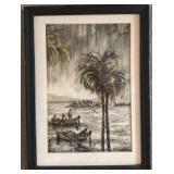 Framed 11 x 15 Signed Watercolor Landscape with Palm Trees