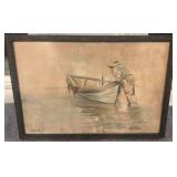 Framed 14x10 Signed Watercolor Painting of Fisherman and Boat by M.A.E.