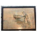 Framed 14x10 Signed Watercolor Painting of Fisherman and Boat by M.A.E.