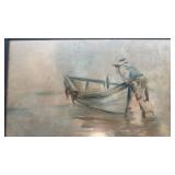 Framed 14x10 Signed Watercolor Painting of Fisherman and Boat by M.A.E.