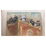 Signed Framed Artwork with Clowns and Performers, 22x18, Matted 10x14