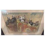 Signed Framed Artwork with Clowns and Performers, 22x18, Matted 10x14
