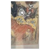Signed Framed Artwork with Clowns and Performers, 22x18, Matted 10x14
