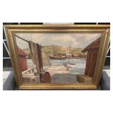 A Jensen Framed Harbor Oil Painting with Boats and Docks