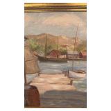 A Jensen Framed Harbor Oil Painting with Boats and Docks
