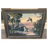 Framed Signed Original Bird Landscape Painting by Medcalf, 17 x 14 Inches
