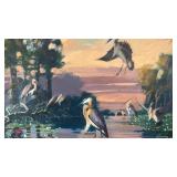 Framed Signed Original Bird Landscape Painting by Medcalf, 17 x 14 Inches