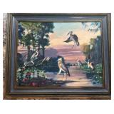 Framed Signed Original Bird Landscape Painting by Medcalf, 17 x 14 Inches