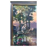 Framed Signed Original Bird Landscape Painting by Medcalf, 17 x 14 Inches