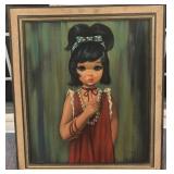 Signed 24x28 Framed Painting of Girl in Red Dress by EDEA