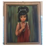 Signed 24x28 Framed Painting of Girl in Red Dress by EDEA