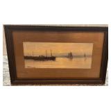 Framed Harbor Scene Painting Signed by Artist, 14 x 9.5 in Frame