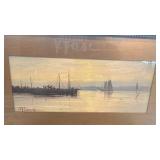 Framed Harbor Scene Painting Signed by Artist, 14 x 9.5 in Frame