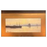 Framed Harbor Scene Painting Signed by Artist, 14 x 9.5 in Frame