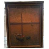 Framed Oil Painting of a Boat at Sunset 17 1/2 x 13 1/2 Unsigned