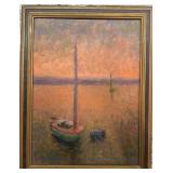 Framed Oil Painting of a Boat at Sunset 17 1/2 x 13 1/2 Unsigned