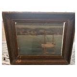 Framed Oil Painting Hudson River Sailboat Scene 12.5x10 Inches