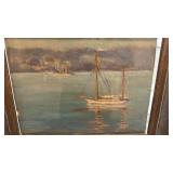 Framed Oil Painting Hudson River Sailboat Scene 12.5x10 Inches