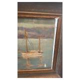 Framed Oil Painting Hudson River Sailboat Scene 12.5x10 Inches