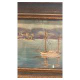 Framed Oil Painting Hudson River Sailboat Scene 12.5x10 Inches