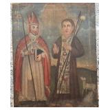 Antique Religious Oil Painting of Two Saints with Lamb