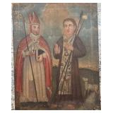 Antique Religious Oil Painting of Two Saints with Lamb