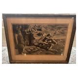Framed Unsigned Surrealist Black and White Print 17.5x14 Inches