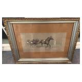 Framed Signed Horse Racing Artwork with Ornate Frame, 22 x 17 Inches