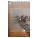 Framed Signed Horse Racing Artwork with Ornate Frame, 22 x 17 Inches