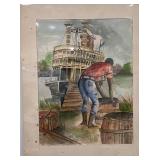 Signed 12x16 Riverboat Watercolor Painting by C. Dunahay 1993