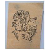 11 x 15 Handmade Paper Artwork with Line Drawing of Three Figures