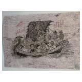 15 x 22 Asian Dragon Boat Ink Artwork on Handmade Paper