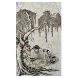 Asian Style Ink Drawing on Handmade Paper 15 x 22