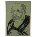 Large Asian Ink Portrait Print on Green Paper 15 x 24