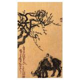 Asian Woodblock Print Child on Elephant Under Tree 15 x 22