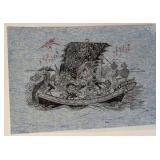 15 x 22 Inch Asian Inspired Ink Drawing on Blue Handmade Paper