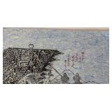 15 x 22 Inch Asian Inspired Ink Drawing on Blue Handmade Paper