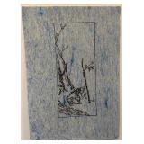 Ink Drawing on Handmade Blue Paper 15x22