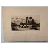 Etched Print of Notre Dame Scene by E. Morgan, Matted 16 x 12