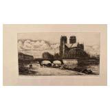 Etched Print of Notre Dame Scene by E. Morgan, Matted 16 x 12
