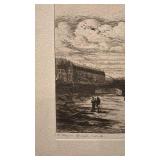 Etched Print of Notre Dame Scene by E. Morgan, Matted 16 x 12