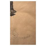 Signed Abstract Ink Drawing on Aged Paper, 13 x 17 Inches