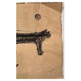 Signed Abstract Ink Drawing on Aged Paper, 13 x 17 Inches